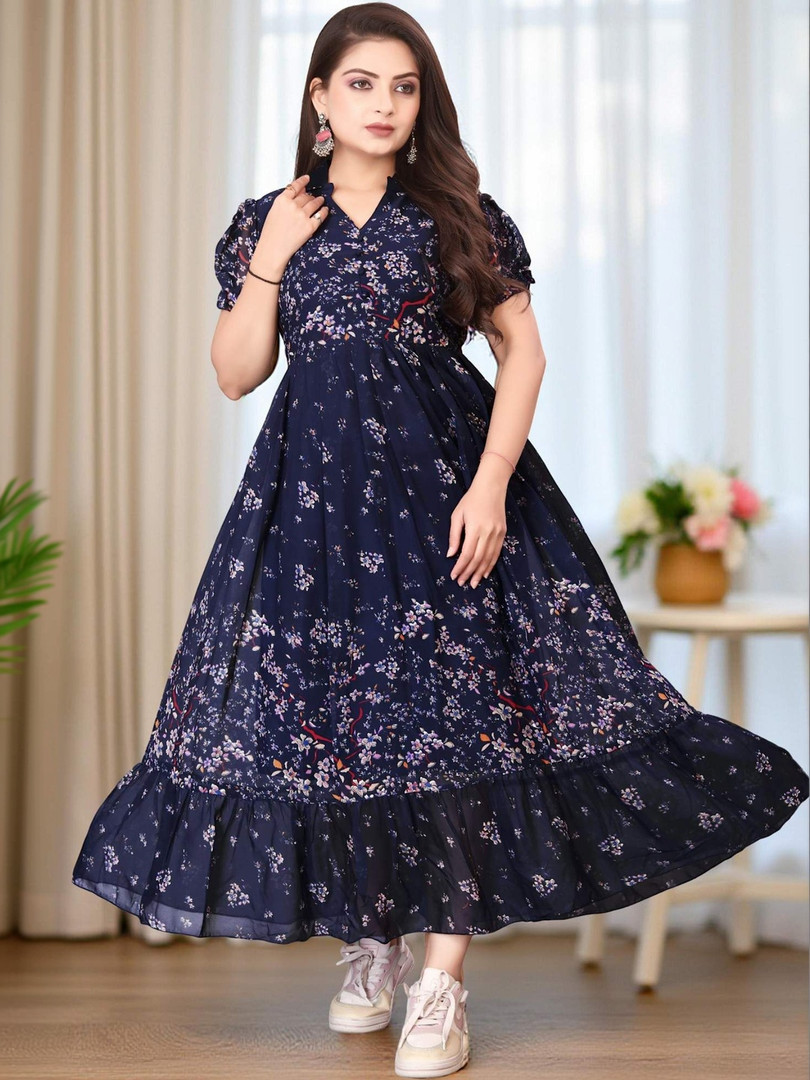 QENA Floral Print Puff Sleeve Ruffled Georgette A-Line Maxi Dress