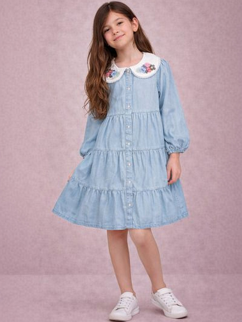 Gini and Jony Print Peter Pan Collar Puff Sleeve Denim Fit & Flare Dress