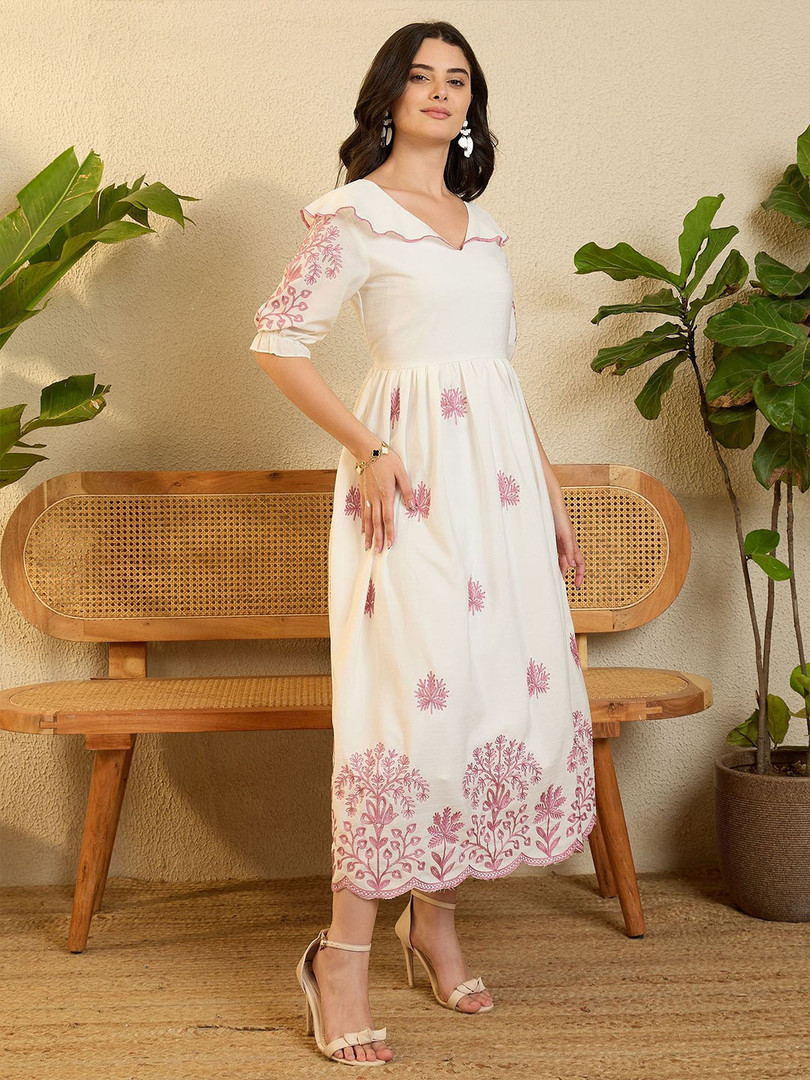 OCTICS Women Ethnic Motifs Embroidered Fit & Flare Midi Dress