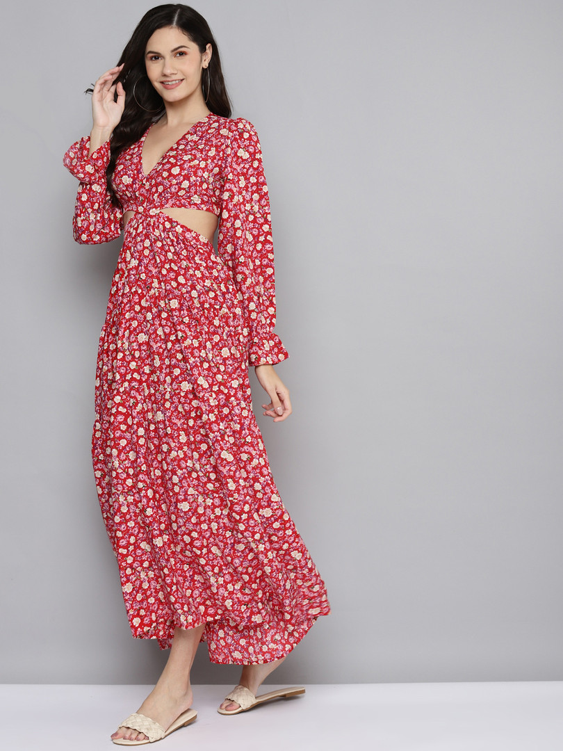 SASSAFRAS Red & Beige Floral Waist Cut-Out Maxi Dress