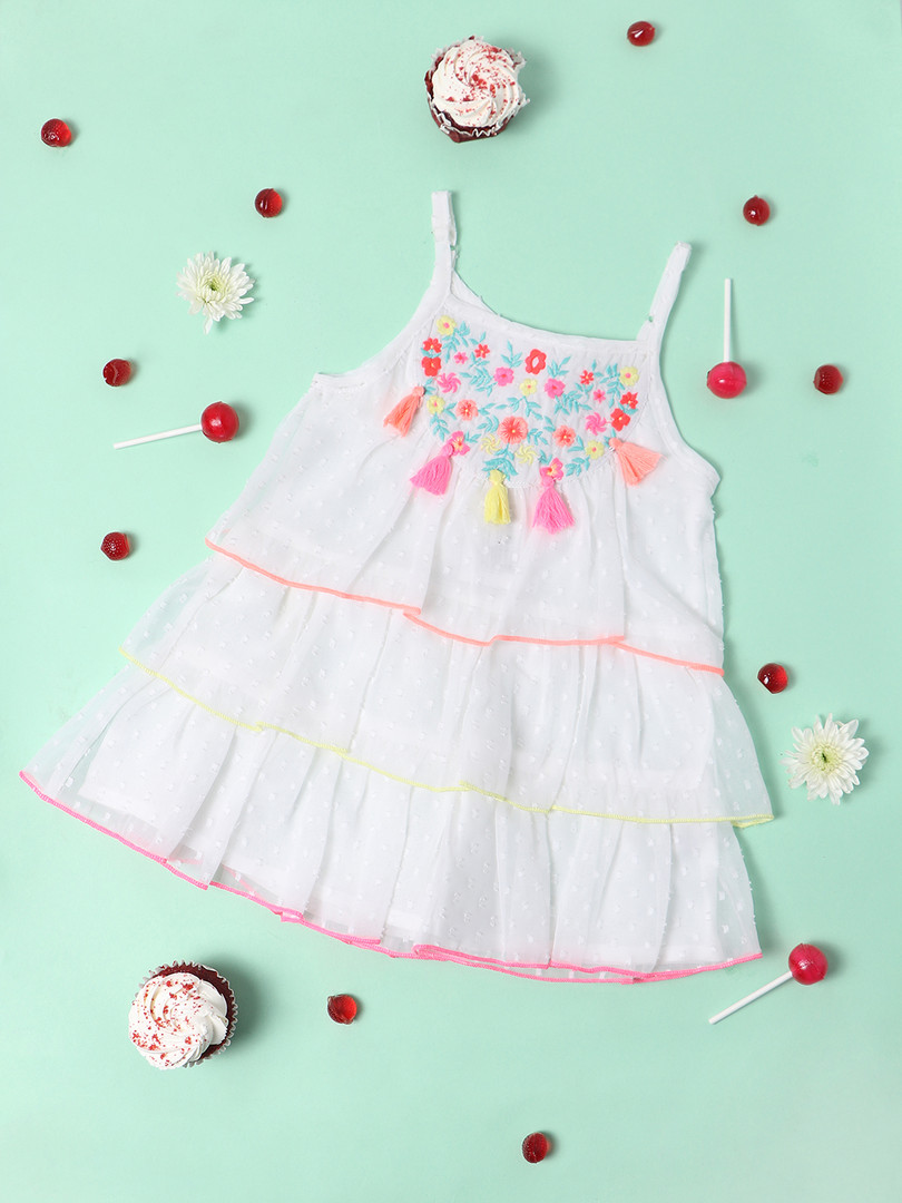 Nauti Nati Girls White Embroidered A-Line Dress