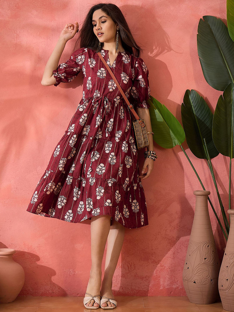 dresses Sangria Printed Pure Cotton A-Line Ethnic Dress