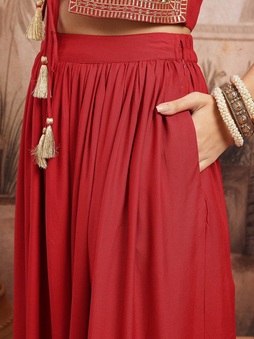 Sangria Zari Embroidered Tie-Up Neck Ready to Wear Lehenga Choli