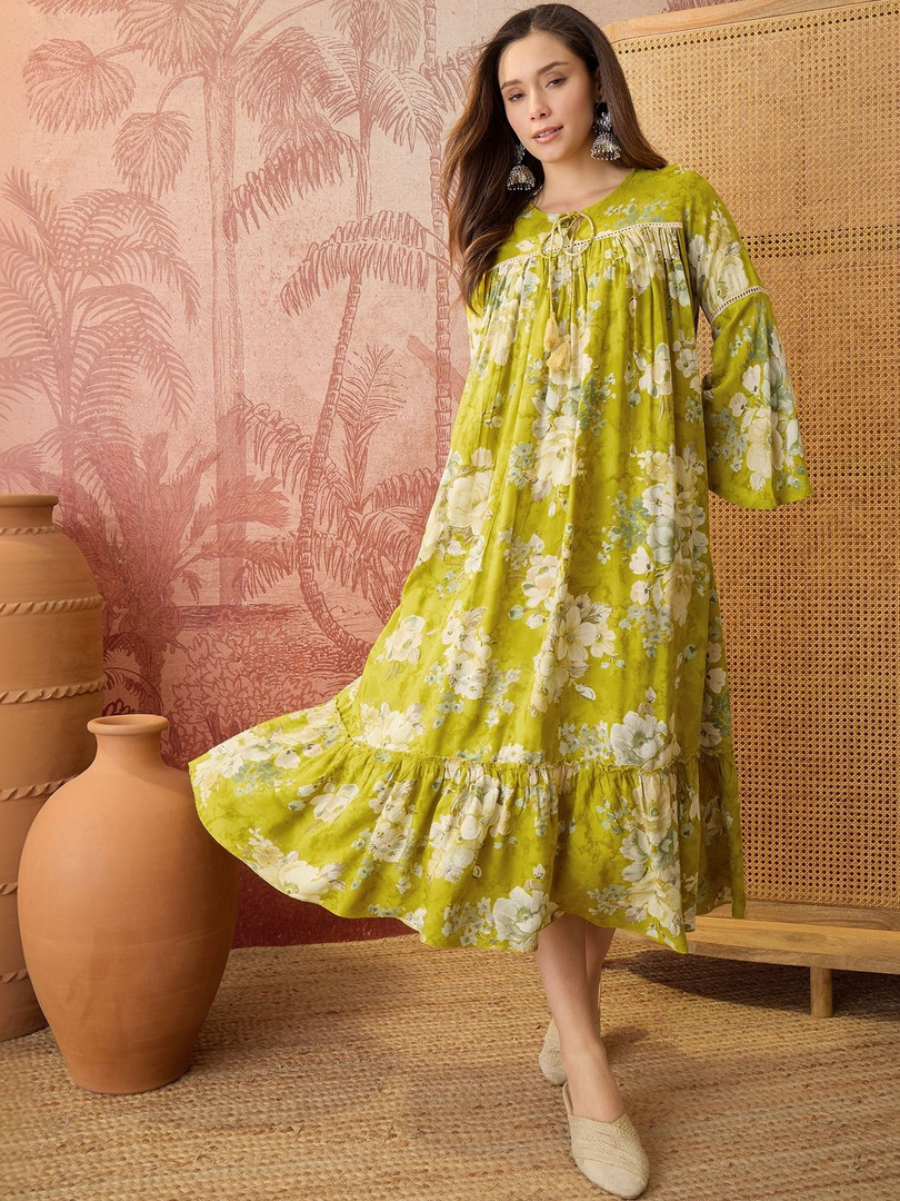Sangria Floral Printed Tie-Up Neck Empire Ethnic Dress