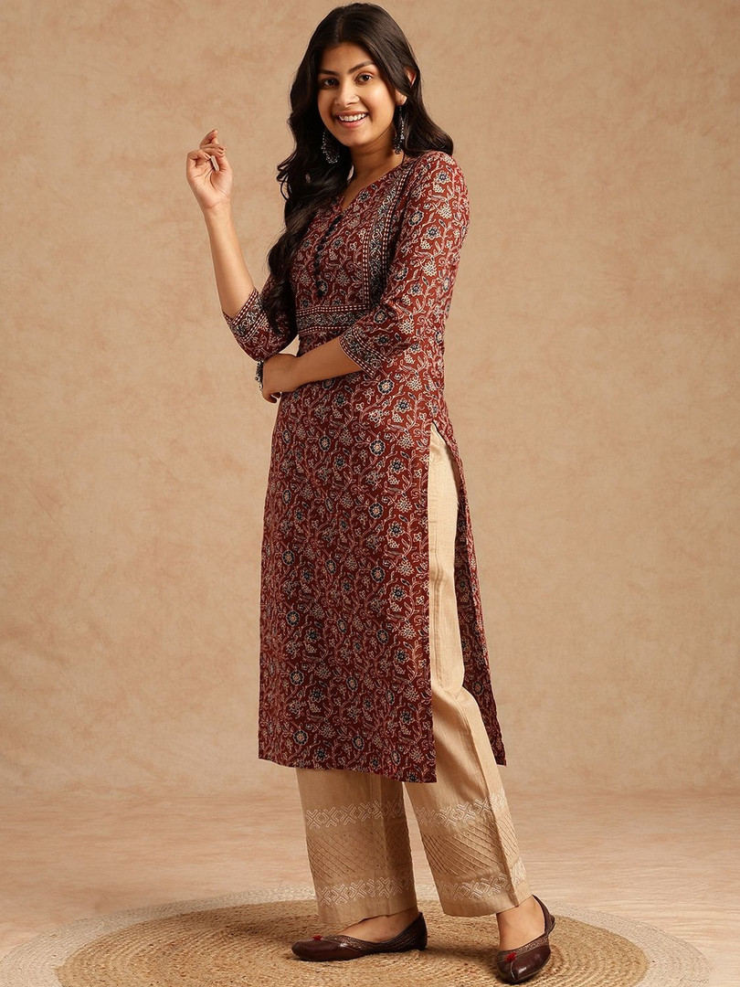 SZN Women Brown Floral Printed With Lace Work Straight Cotton Brown Stitched Kurta