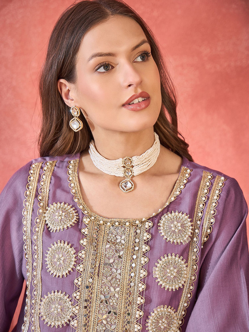 Sangria Floral Embroidered Round Neck Mirror Work A-Line Kurta With Palazzos