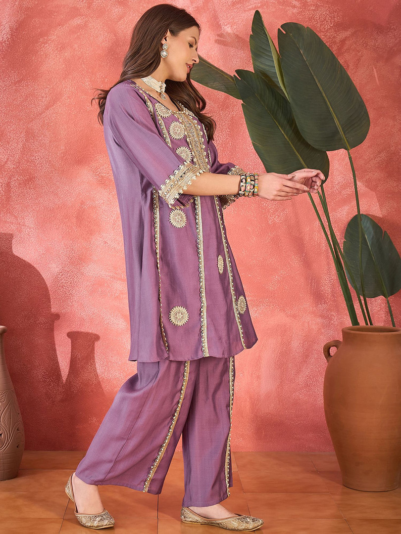 Sangria Floral Embroidered Round Neck Mirror Work A-Line Kurta With Palazzos