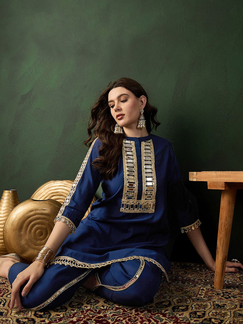 ethnic Sangria Embellished Mirror Work Roman Silk Tunic With Dhoti Pant