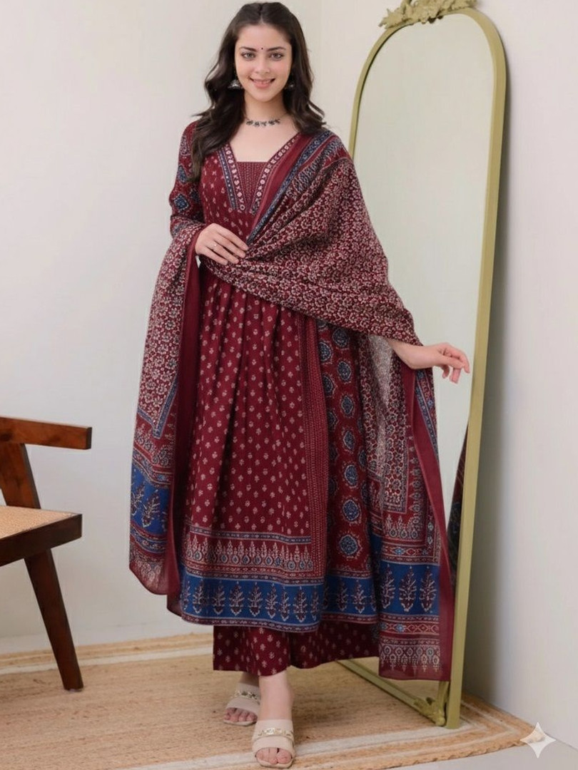 KALINI Floral Printed Square Neck Anarkali Kurta With Palazzos & Dupatta