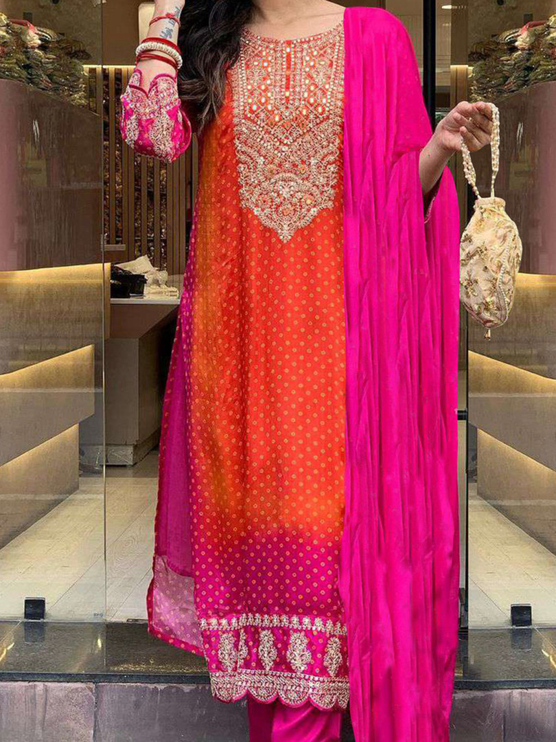 GoSriKi Bandhani Printed Sequinned Embroidery Work Kurta with Trousers & Dupatta