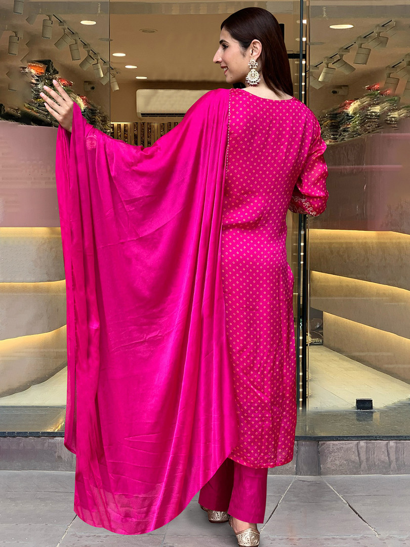 GoSriKi Bandhani Printed Sequinned Embroidery Work Kurta with Trousers & Dupatta