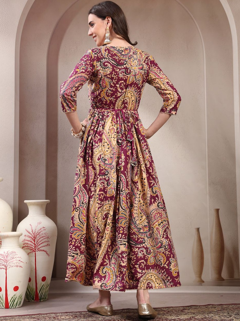 NAVYAAZRI Paisley Printed V-Neck Fit & Flare Cotton Ethnic Dresses