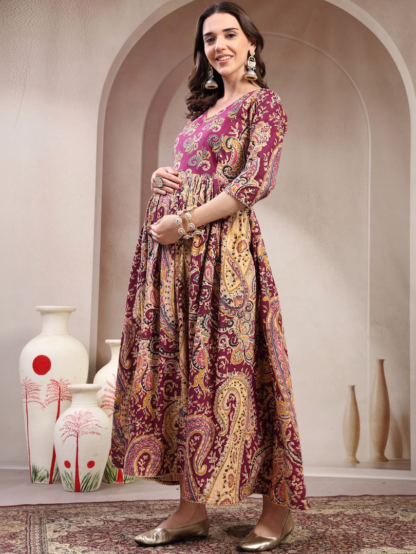 NAVYAAZRI Paisley Printed V-Neck Fit & Flare Cotton Ethnic Dresses