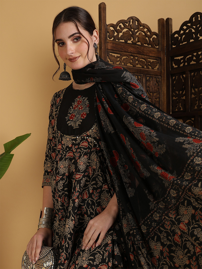 KIMAYRA Floral Printed Anarkali Pure Cotton Kurta With Palazzos And Dupatta
