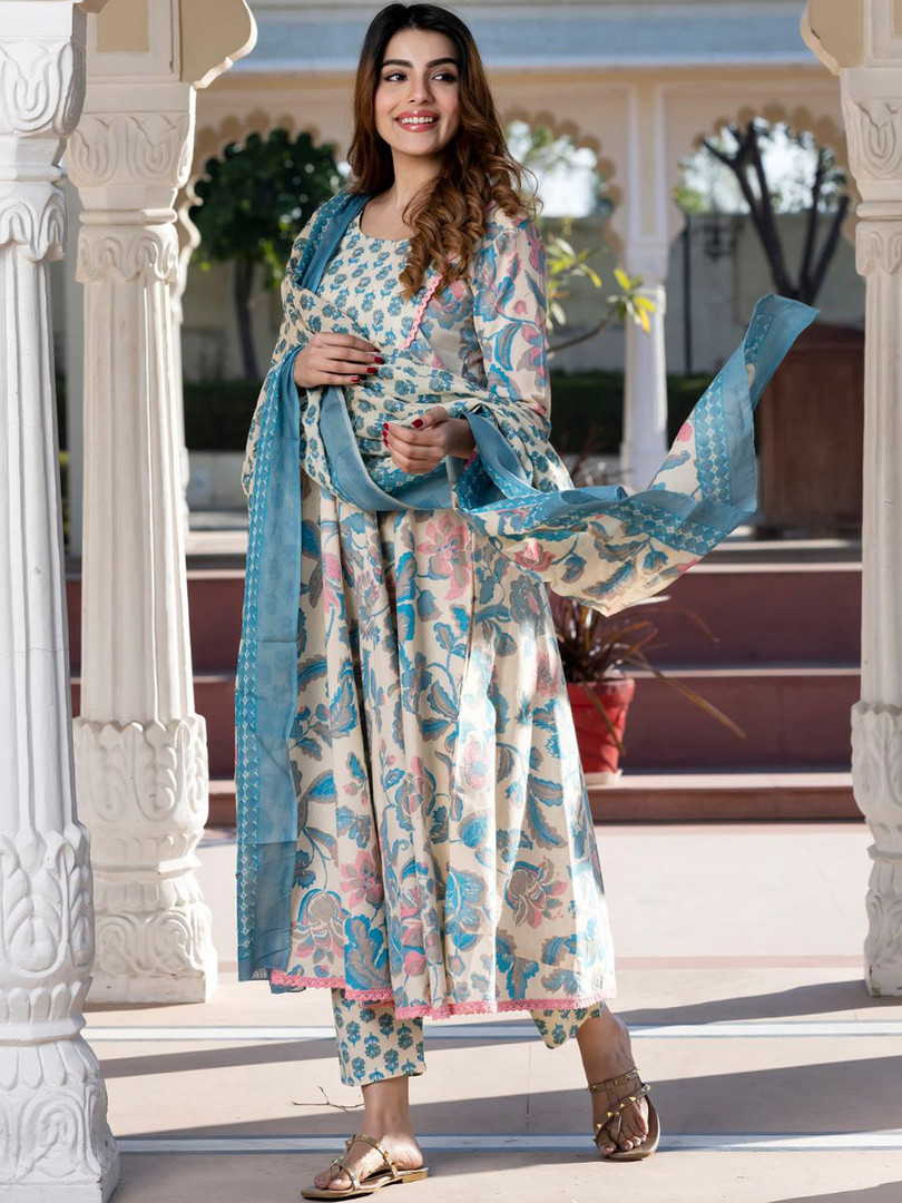 KALINI Women Floral Printed Regular Pure Cotton Kurta with Trousers & With Dupatta
