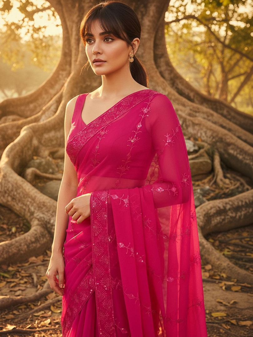 FABLAND Magenta Georgette Sequin Embroidery Sarees
