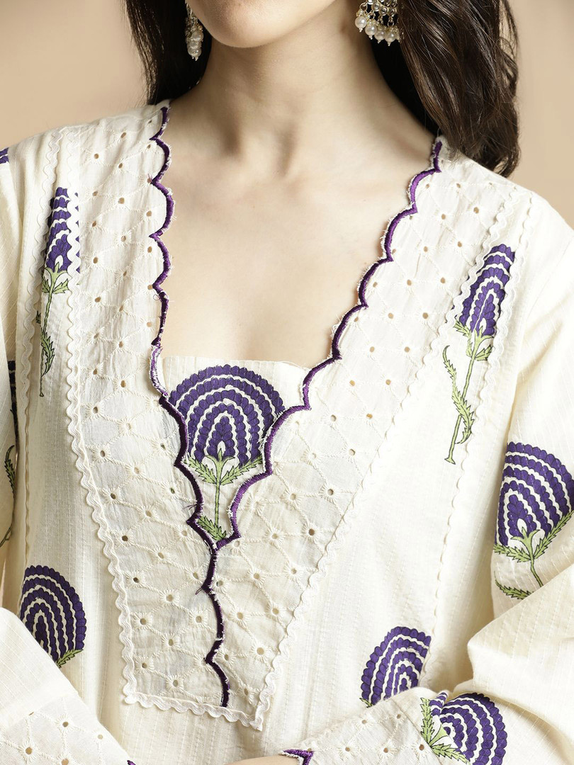 Anouk Floral Printed Bell Sleeves Schiffli Work Pure Cotton A-Line Kurta With Palazzos