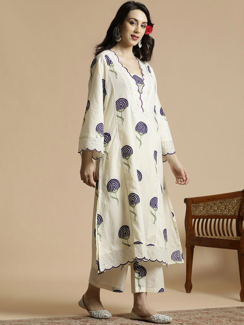 Anouk Floral Printed Bell Sleeves Schiffli Work Pure Cotton A-Line Kurta With Palazzos