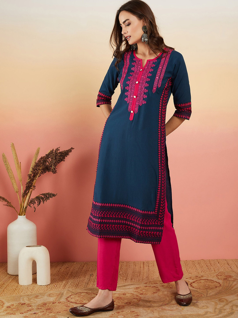 Sangria Navy Blue Ethnic Motifs Embroidered Thread Work Straight Kurta