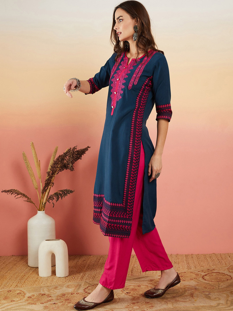 Sangria Navy Blue Ethnic Motifs Embroidered Thread Work Straight Kurta