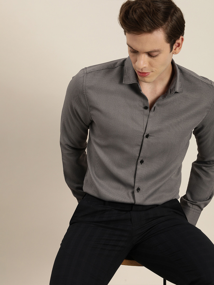 formal-shirt INVICTUS Men Easy Care Grey & Black Self Design Formal Shirt