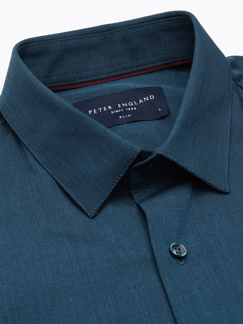 Peter England Men Teal Blue Solid Slim Fit Pure Cotton Formal Shirt