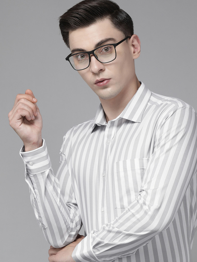 Park Avenue Men Grey & White Slim Fit Striped Pure Cotton Formal Shirt
