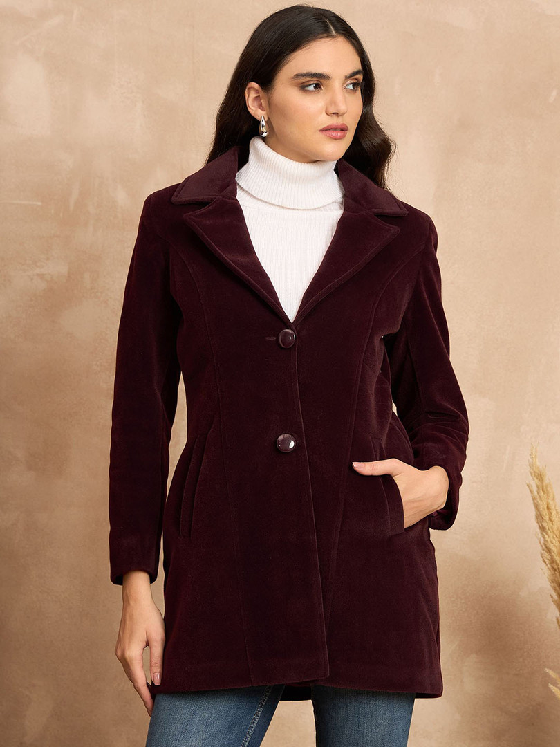 CLAPTON Clapton Women Maroon Linen With Notched Lapel & Button Closure Blazer