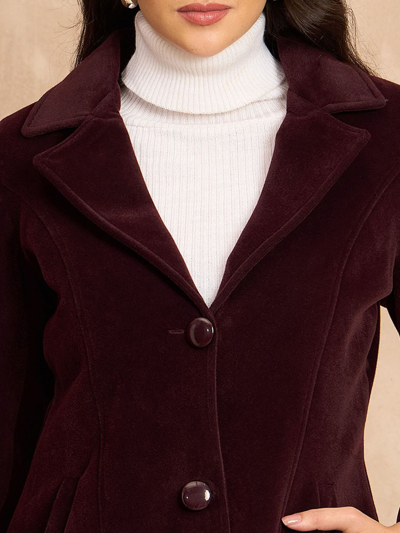 CLAPTON Clapton Women Maroon Linen With Notched Lapel & Button Closure Blazer