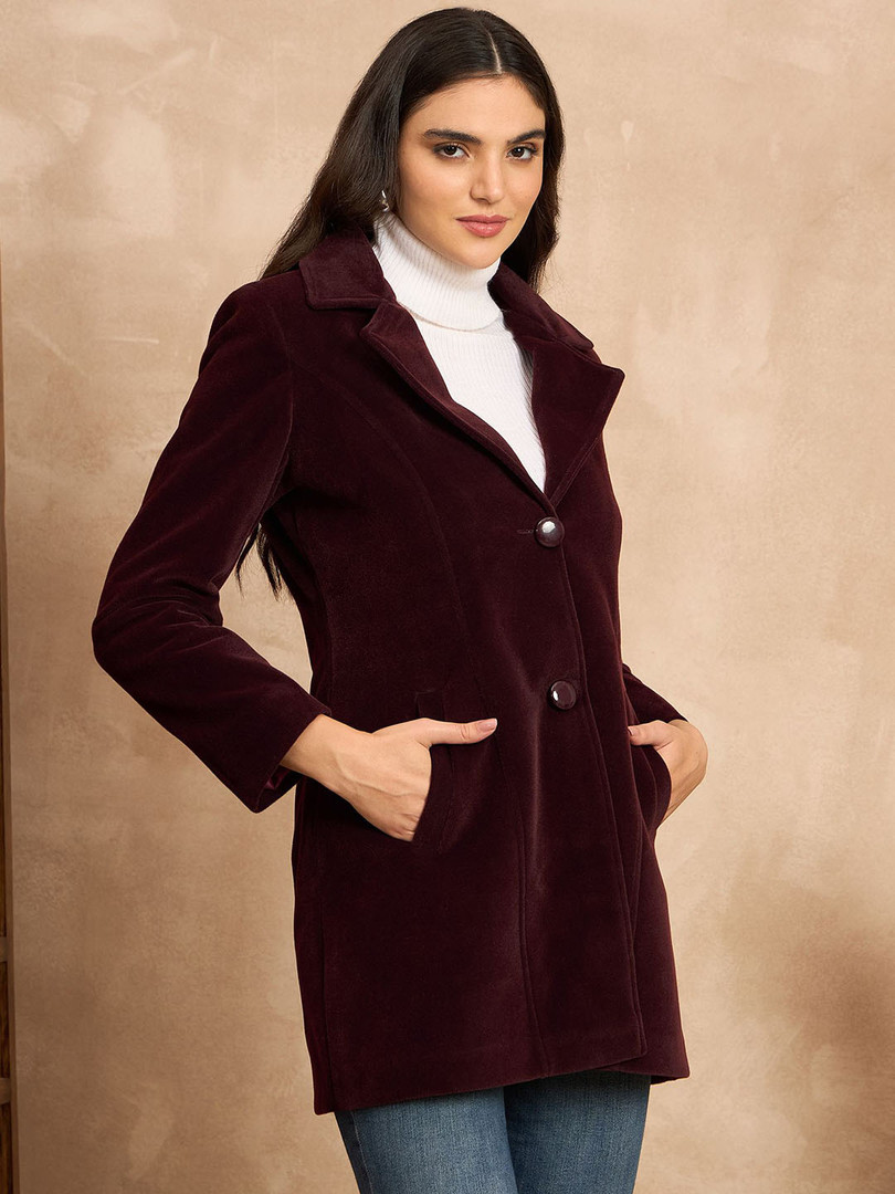 CLAPTON Clapton Women Maroon Linen With Notched Lapel & Button Closure Blazer