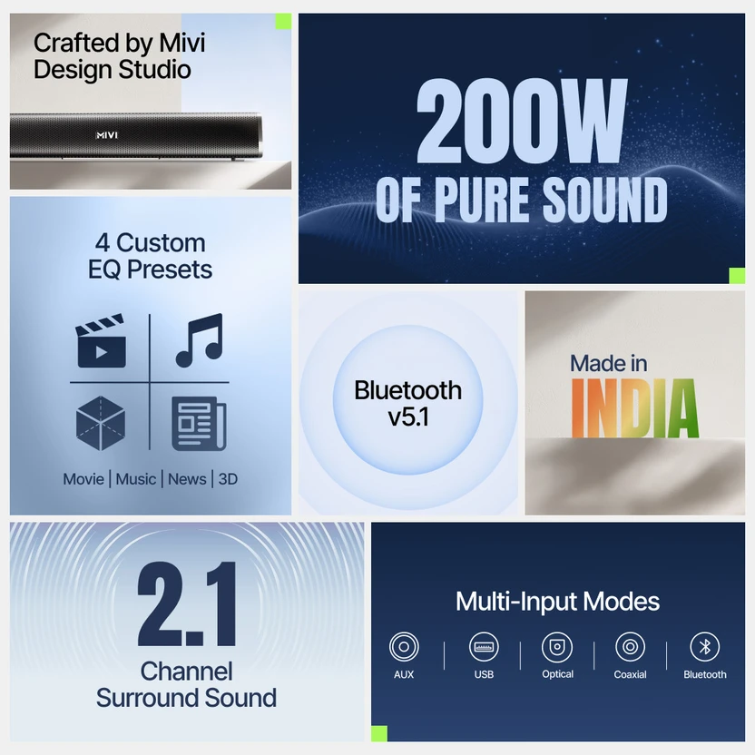 Mivi Fort Sonic 200 Soundbar, 2.1 Channel, Multi-Input and EQ Mod...more