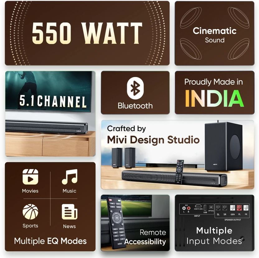 Mivi Fort H550 Soundbar, 550 Watts, 5.1 Channel, Multi-Input and ...more