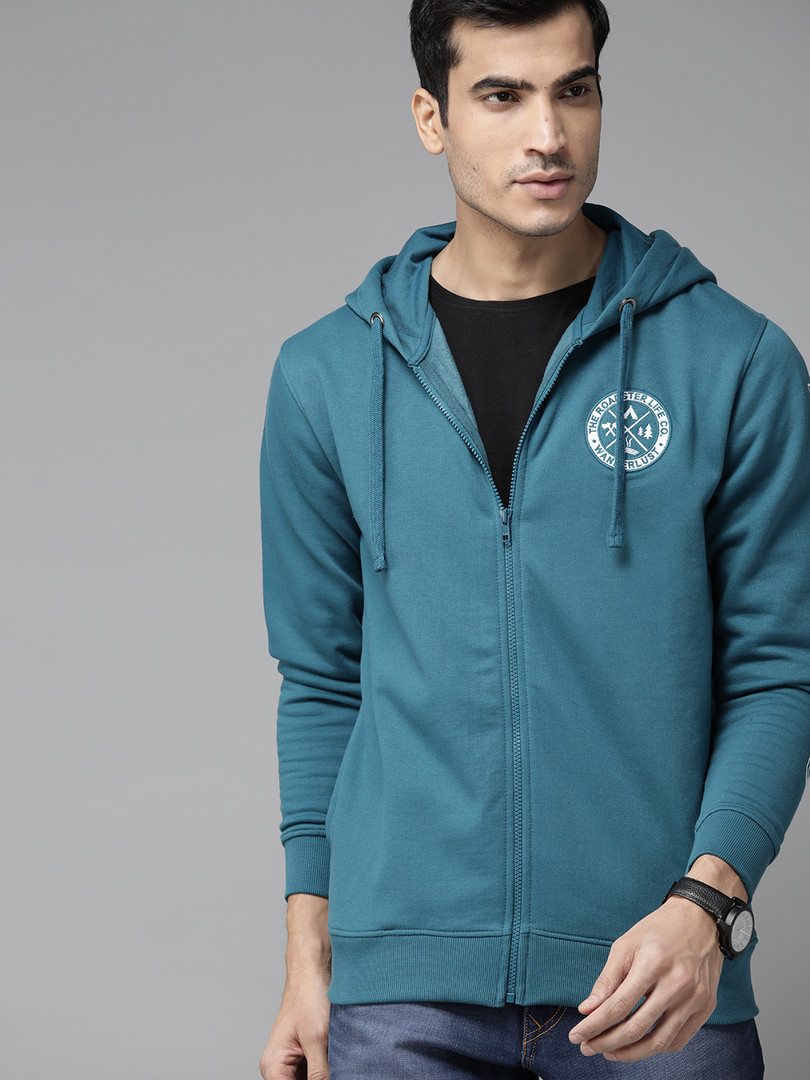 Roadster Men Teal Blue Solid Hooded Sweatshirt