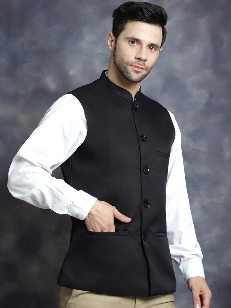 Anouk Black Mandarin Collar Woven Nehru Jacket
