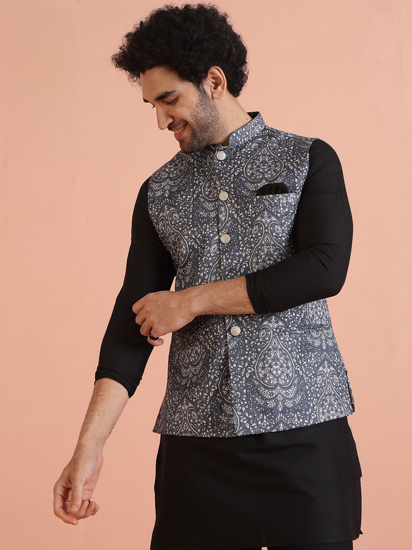 KISAH Men Mandarin Collar Printed Woven Nehru Jacket