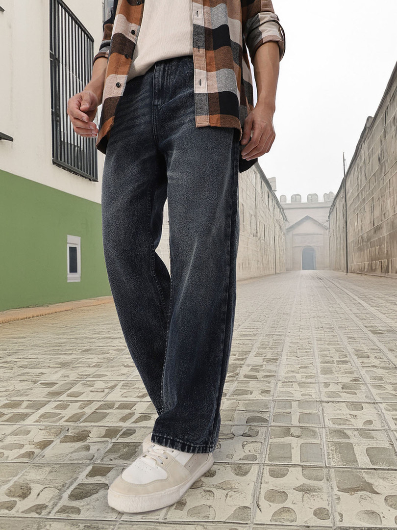 jeans Urbano Fashion Men Loose Relaxed Fit Mid-Rise Heavy Fade Cotton Jeans