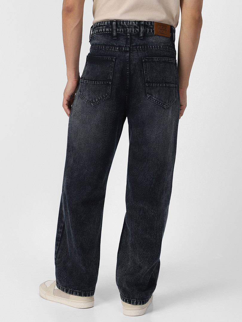 Urbano Fashion Men Loose Relaxed Fit Mid-Rise Heavy Fade Cotton Jeans