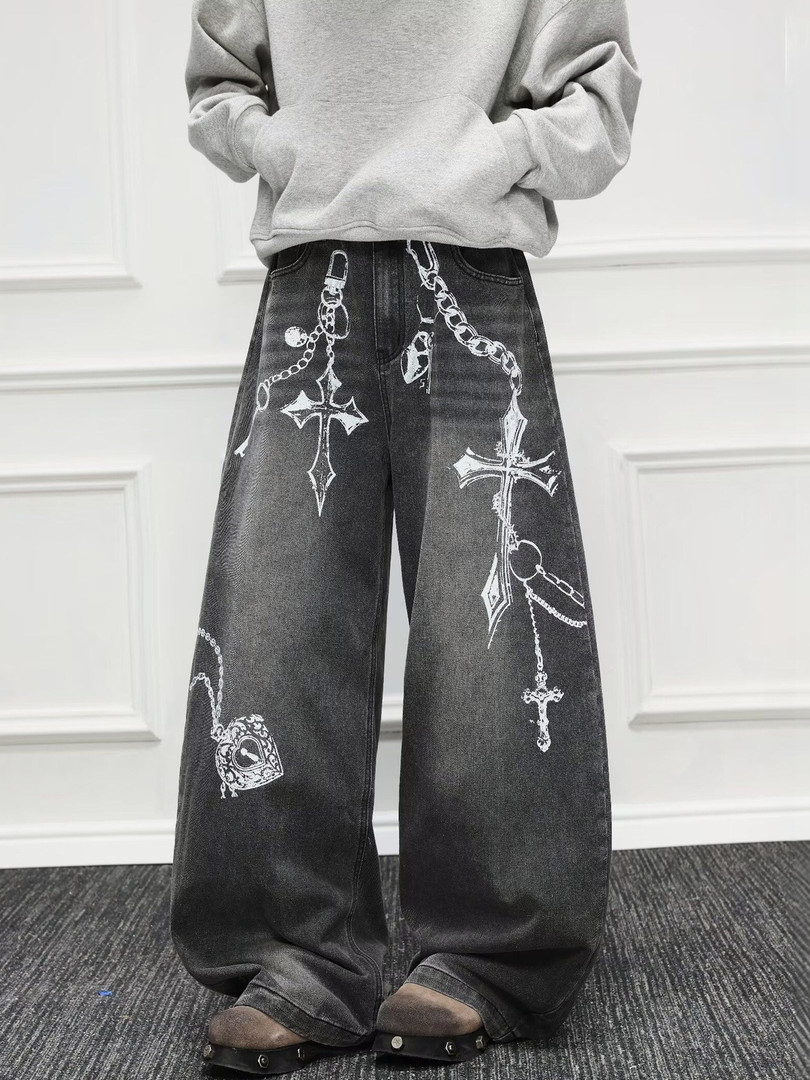 StyleCast x Revolte Men Wide Leg Mid-Rise Light Fade Printed Jeans