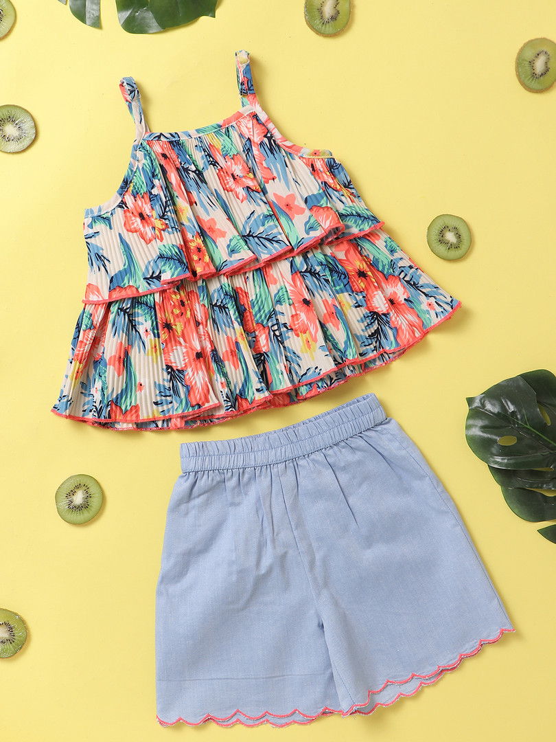 kids Nauti Nati Girls Blue & Coral Orange Printed Top & Solid Shorts