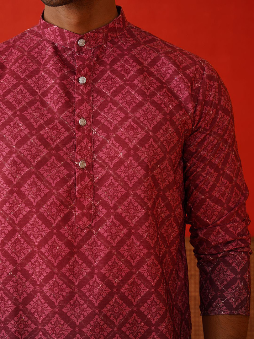 KURTA WALLAH Men Geometric Printed Thread Work Floral Kurta