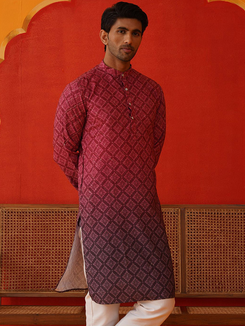 KURTA WALLAH Men Geometric Printed Thread Work Floral Kurta