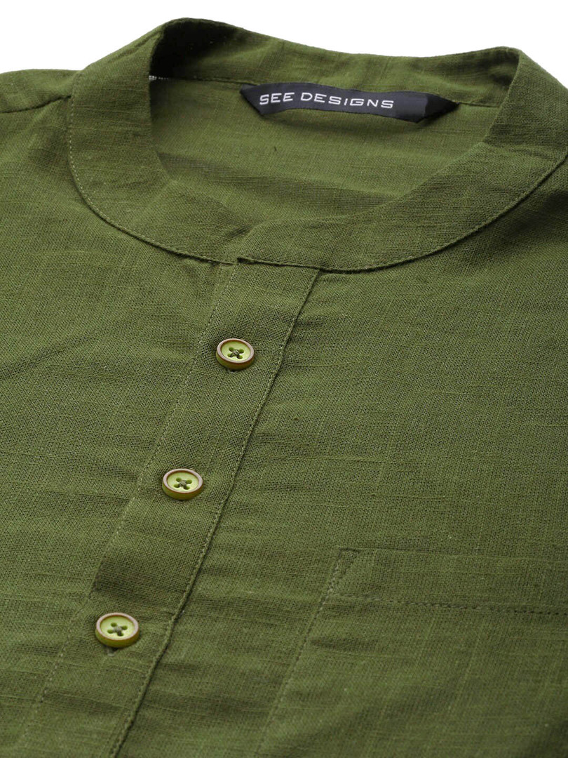See Designs Olive Thread Work Pure Cotton Kurta