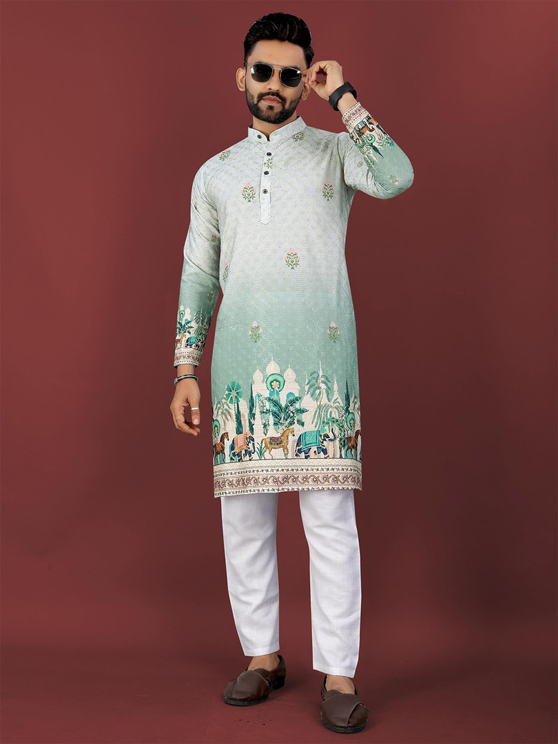 CHARLOTTE GRACIOUS Floral Printed Band Collar Sequinned Straight Kurta