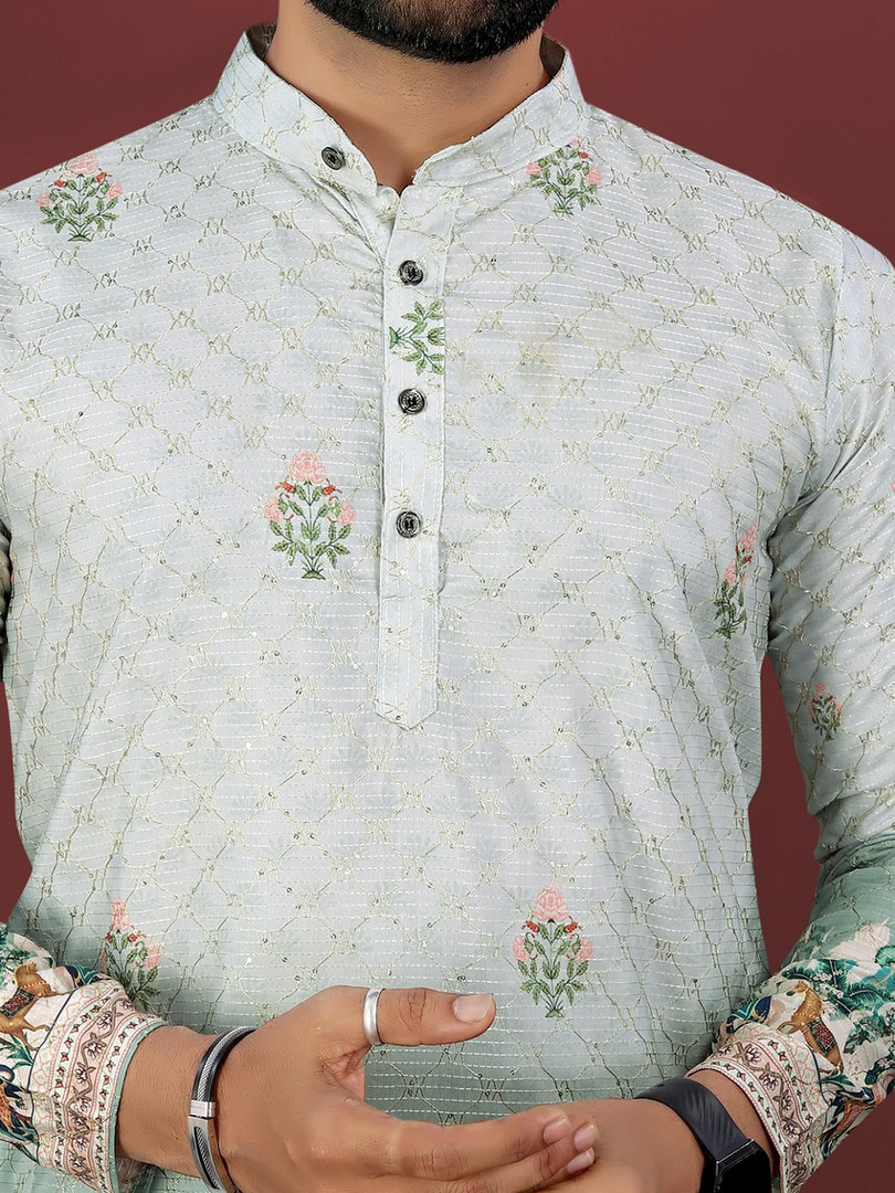 CHARLOTTE GRACIOUS Floral Printed Band Collar Sequinned Straight Kurta