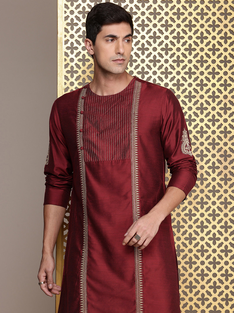 House of Pataudi Jashn Ethnic Motifs Embroidered Zari Work Angrakha Style Kurta