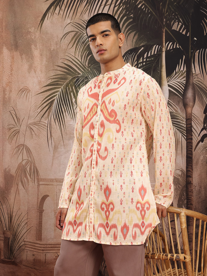 kurta Sangria Men Ethnic Motifs Printed Band Collar Kurta with Asymmetric Hem