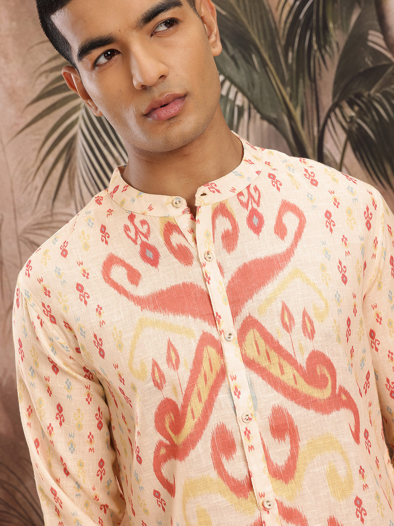 Sangria Men Ethnic Motifs Printed Band Collar Kurta with Asymmetric Hem
