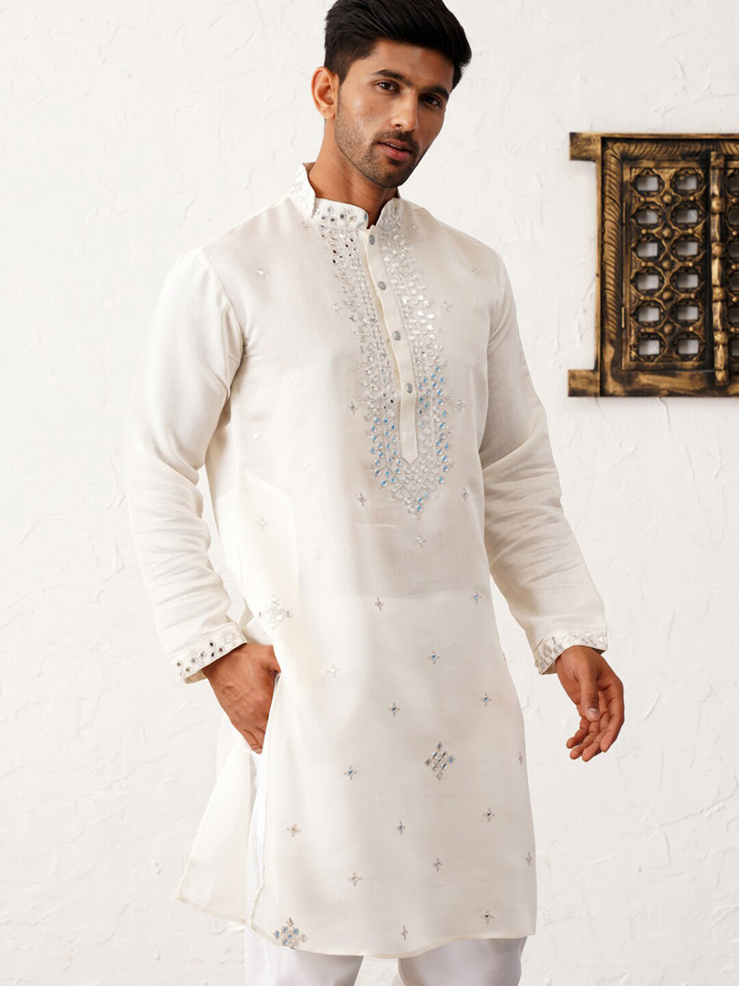 kurta Jompers Floral Embroidered Mirror Work Mandarin Collar Cotton Silk Straight Republic Day Republic Day Kurta