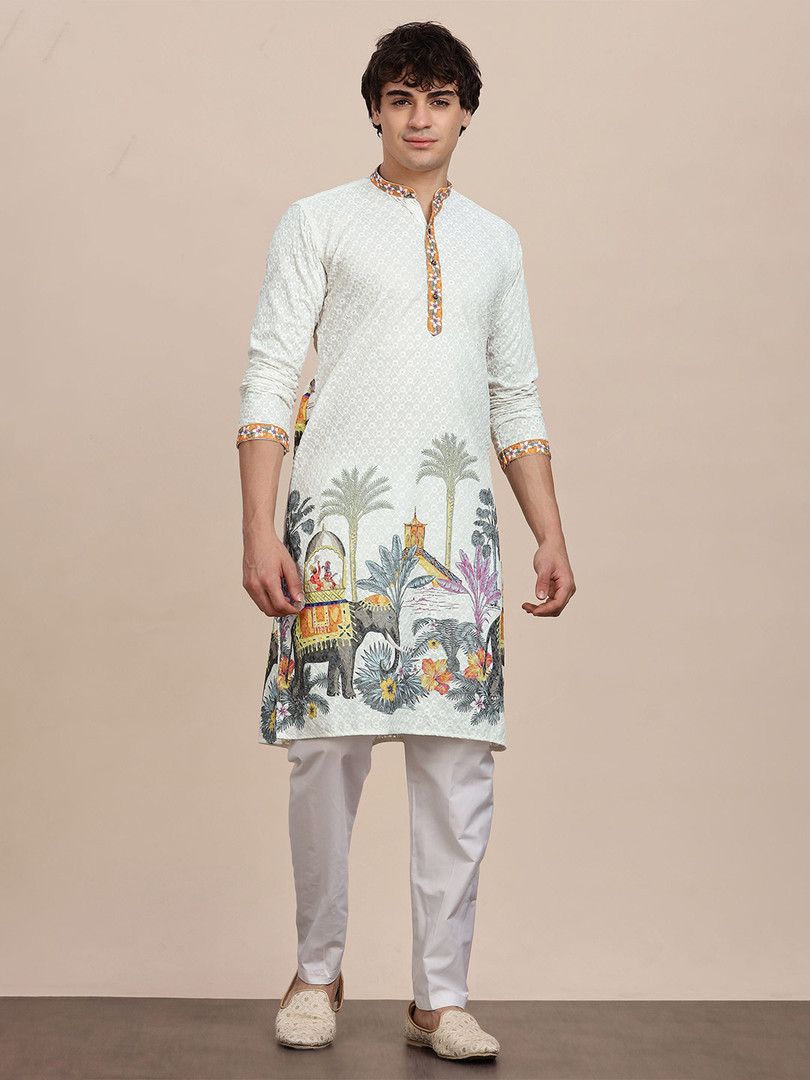 kurta Anouk Men Ethnic Motifs Embroidered Thread Work Mandarin Collar Pure Cotton Straight Kurta