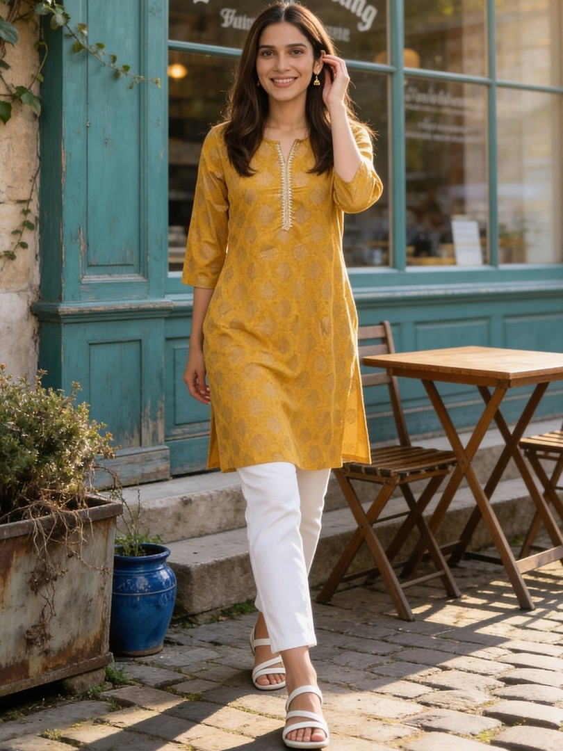 kurti Rangita Women Cotton Printed Straight Knee Length Kurta